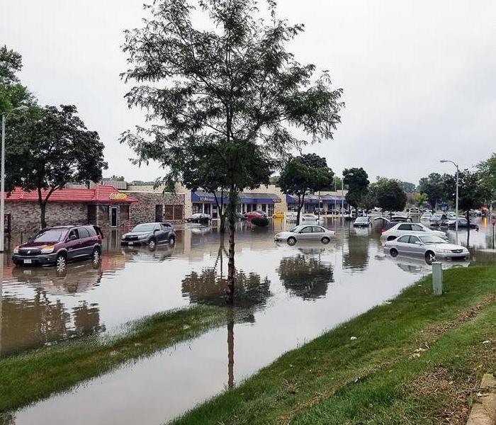 Multiple cars parked on a flooded street